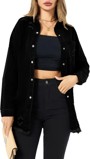 Denim Jackets for Women Casual Long Boyfriend Distresse Frayed Hem Shacket Jean Jacket Autumn Spring