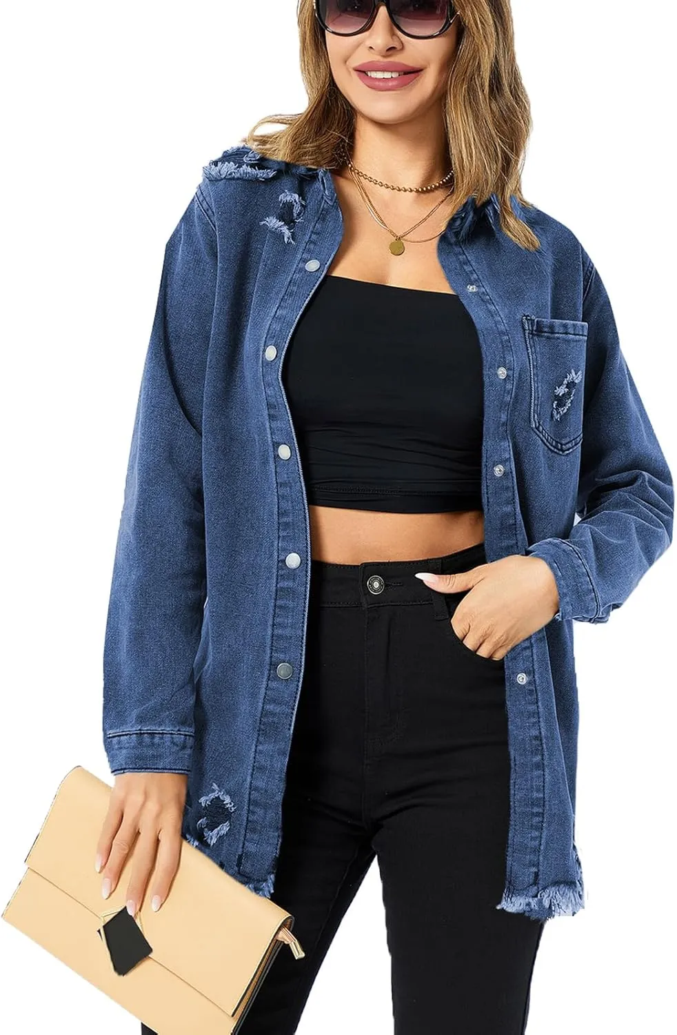 Denim Jackets for Women Casual Long Boyfriend Distresse Frayed Hem Shacket Jean Jacket Autumn Spring