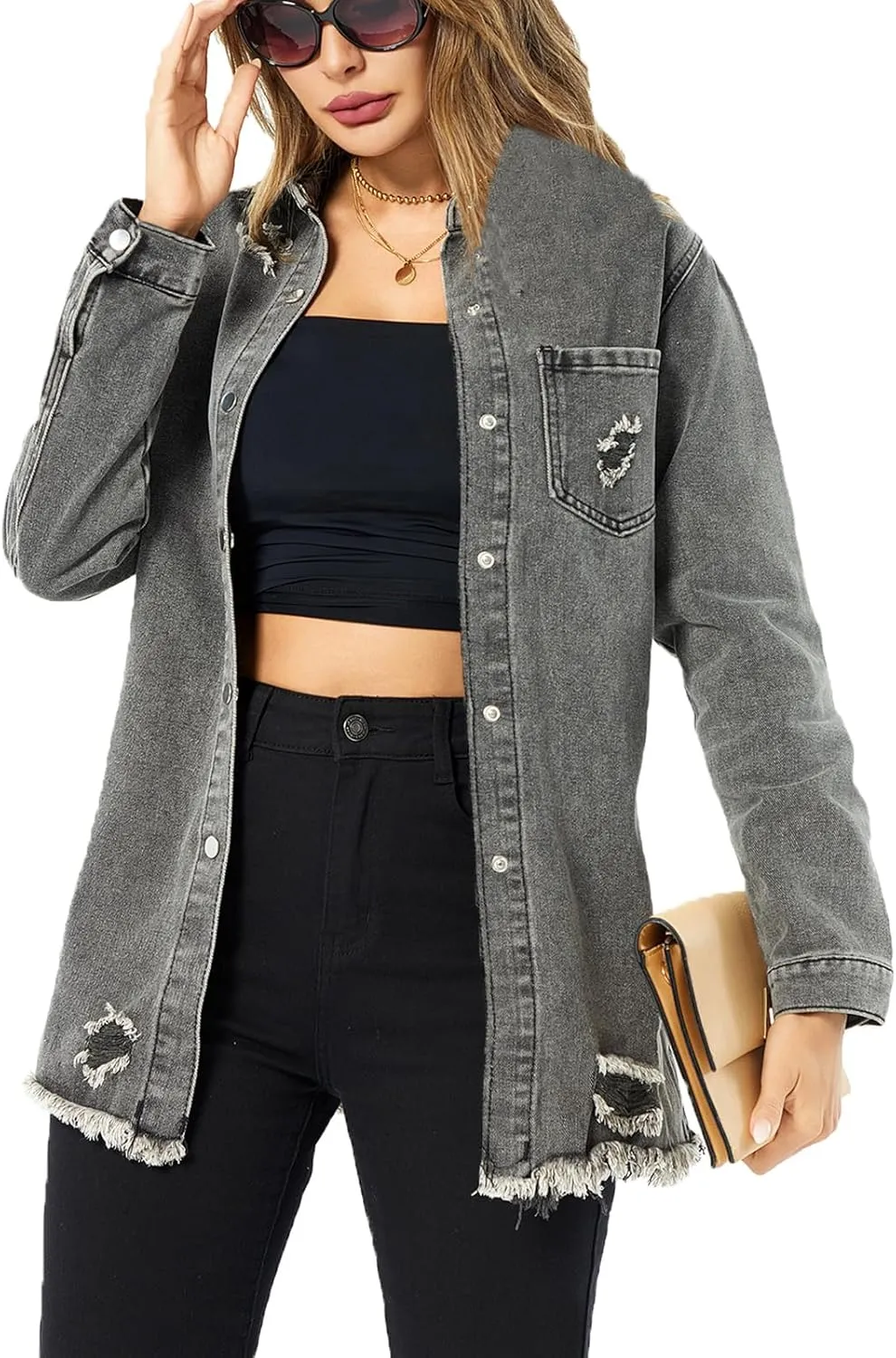 Denim Jackets for Women Casual Long Boyfriend Distresse Frayed Hem Shacket Jean Jacket Autumn Spring