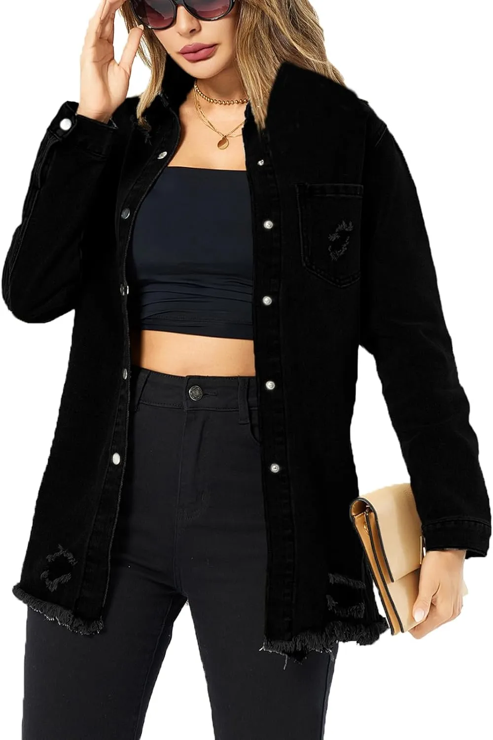 Denim Jackets for Women Casual Long Boyfriend Distresse Frayed Hem Shacket Jean Jacket Autumn Spring