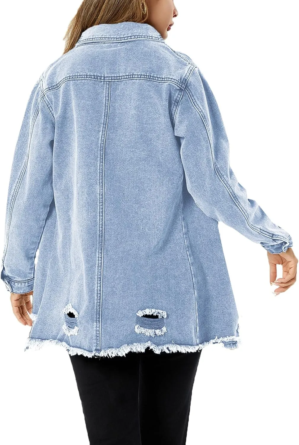 Denim Jackets for Women Casual Long Boyfriend Distresse Frayed Hem Shacket Jean Jacket Autumn Spring
