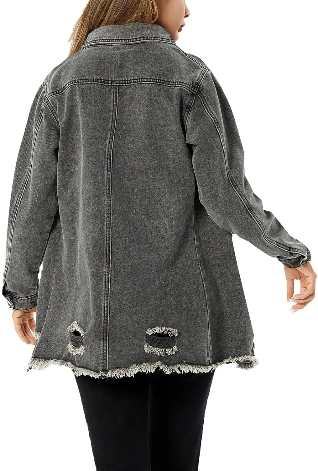 Denim Jackets for Women Casual Long Boyfriend Distresse Frayed Hem Shacket Jean Jacket Autumn Spring