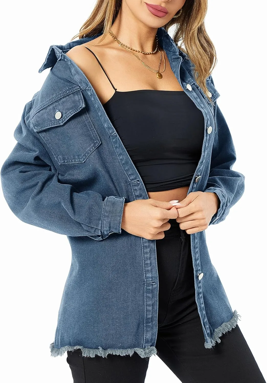 Denim Jackets for Women Casual Long Boyfriend Distresse Frayed Hem Shacket Jean Jacket Autumn Spring