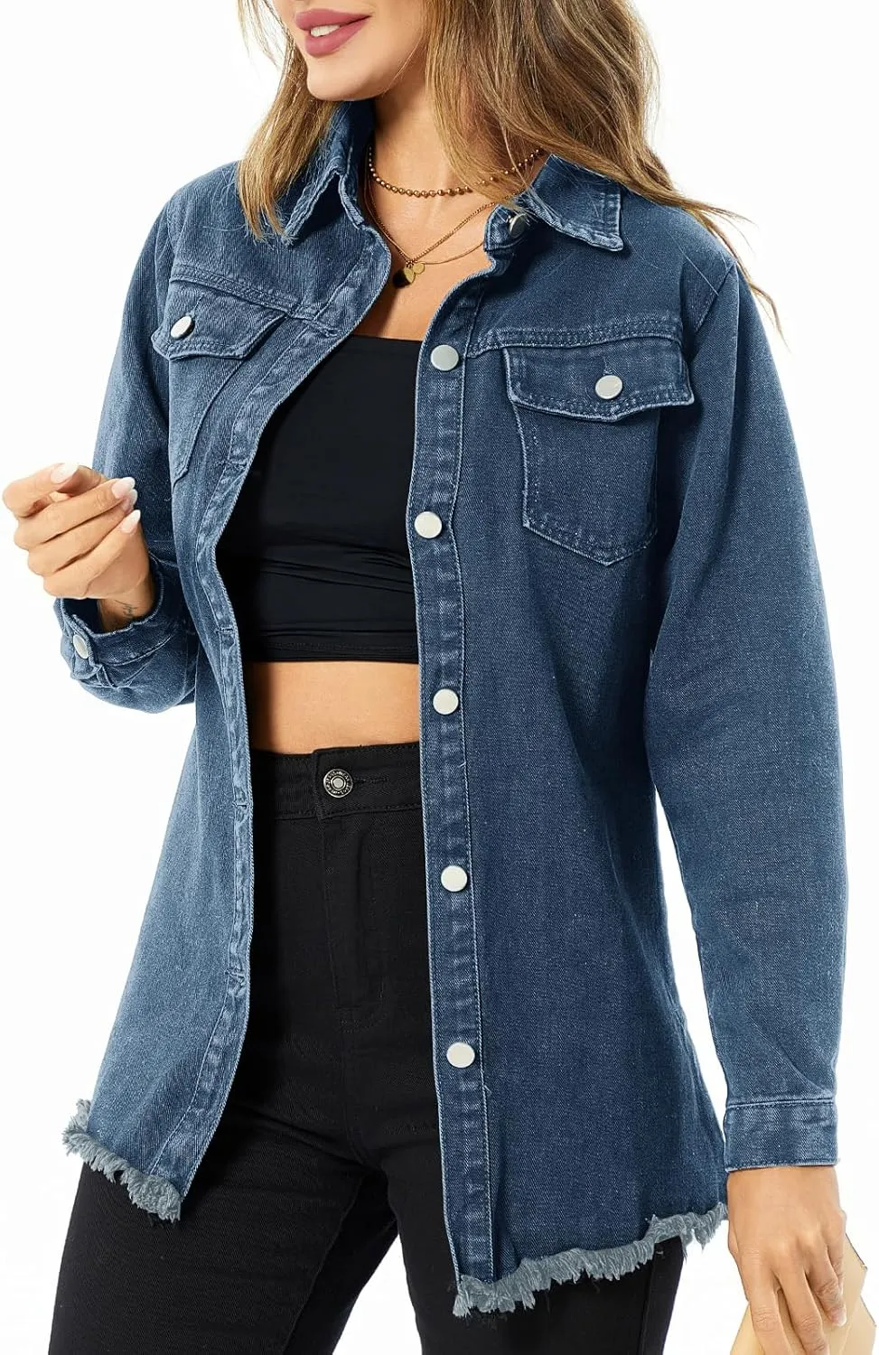 Denim Jackets for Women Casual Long Boyfriend Distresse Frayed Hem Shacket Jean Jacket Autumn Spring
