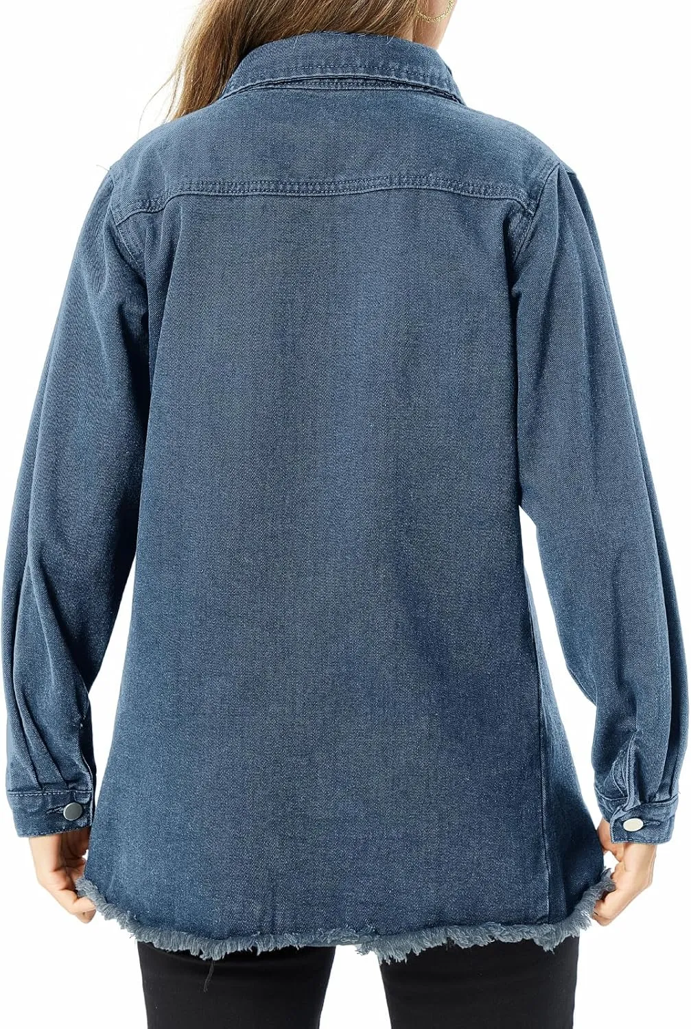 Denim Jackets for Women Casual Long Boyfriend Distresse Frayed Hem Shacket Jean Jacket Autumn Spring