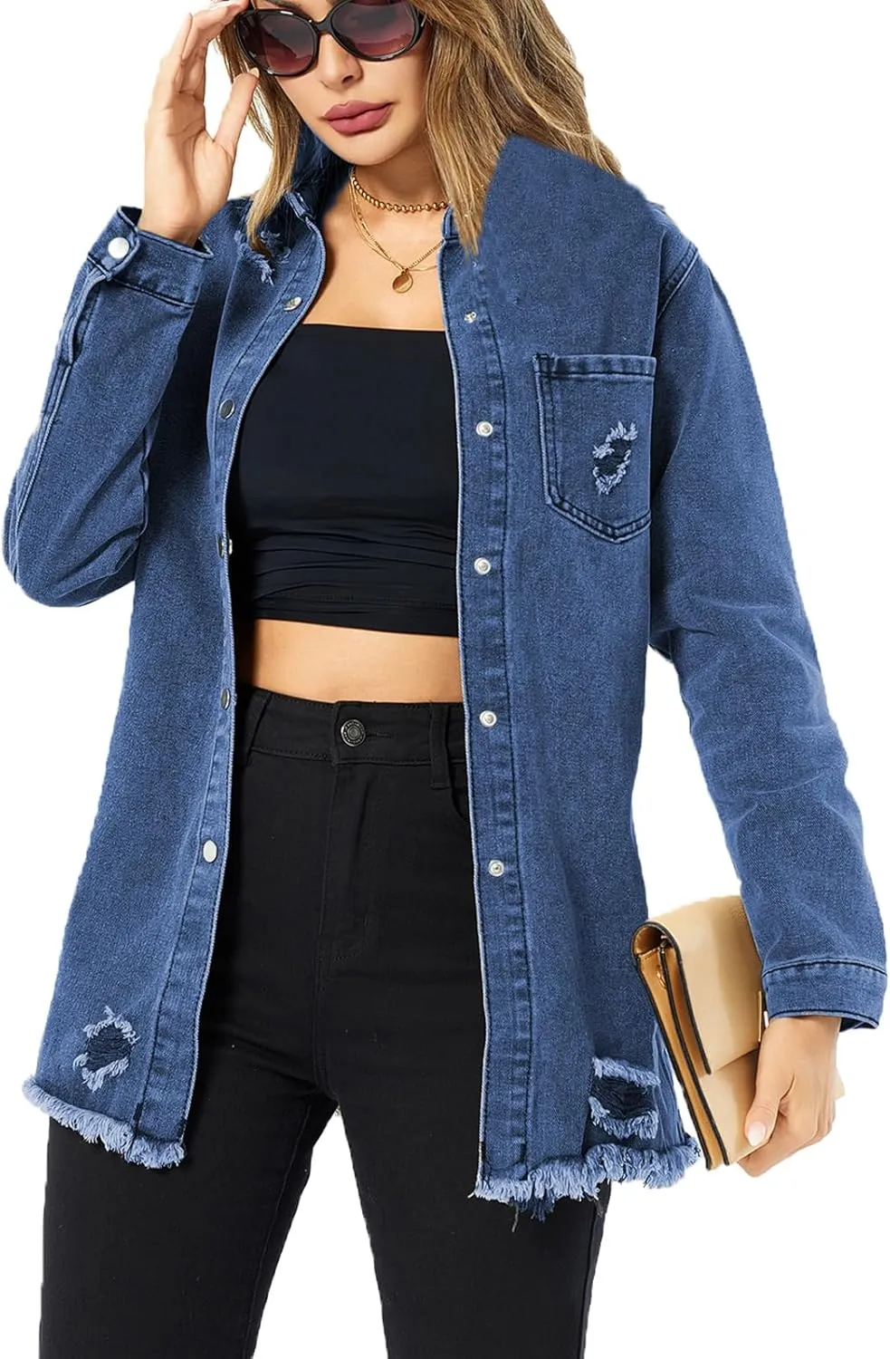 Denim Jackets for Women Casual Long Boyfriend Distresse Frayed Hem Shacket Jean Jacket Autumn Spring