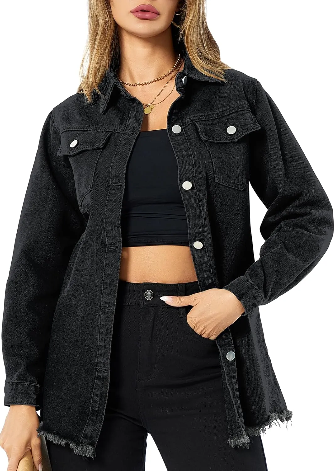 Denim Jackets for Women Casual Long Boyfriend Distresse Frayed Hem Shacket Jean Jacket Autumn Spring