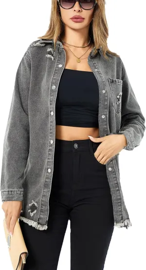 Denim Jackets for Women Casual Long Boyfriend Distresse Frayed Hem Shacket Jean Jacket Autumn Spring