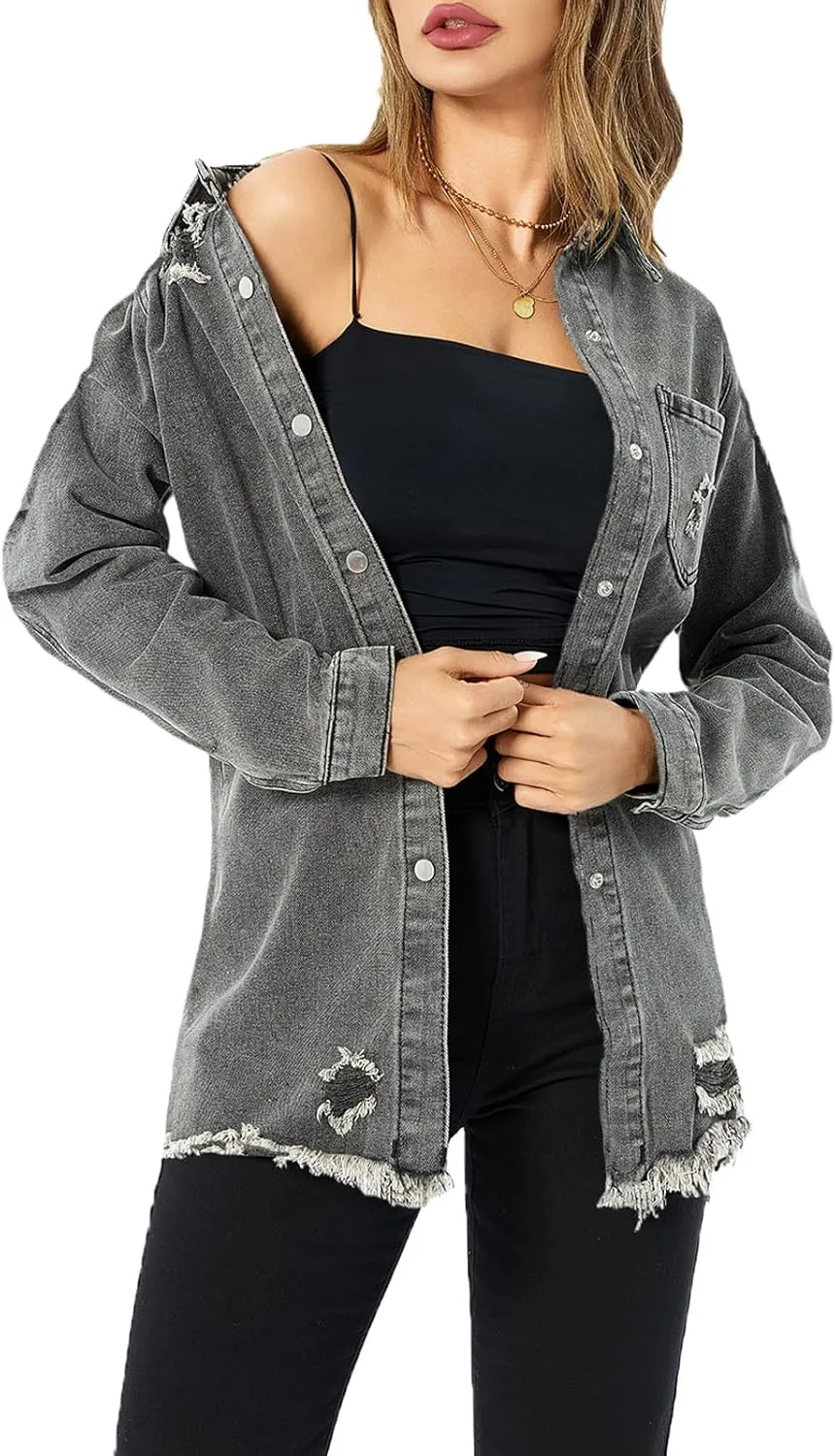 Denim Jackets for Women Casual Long Boyfriend Distresse Frayed Hem Shacket Jean Jacket Autumn Spring