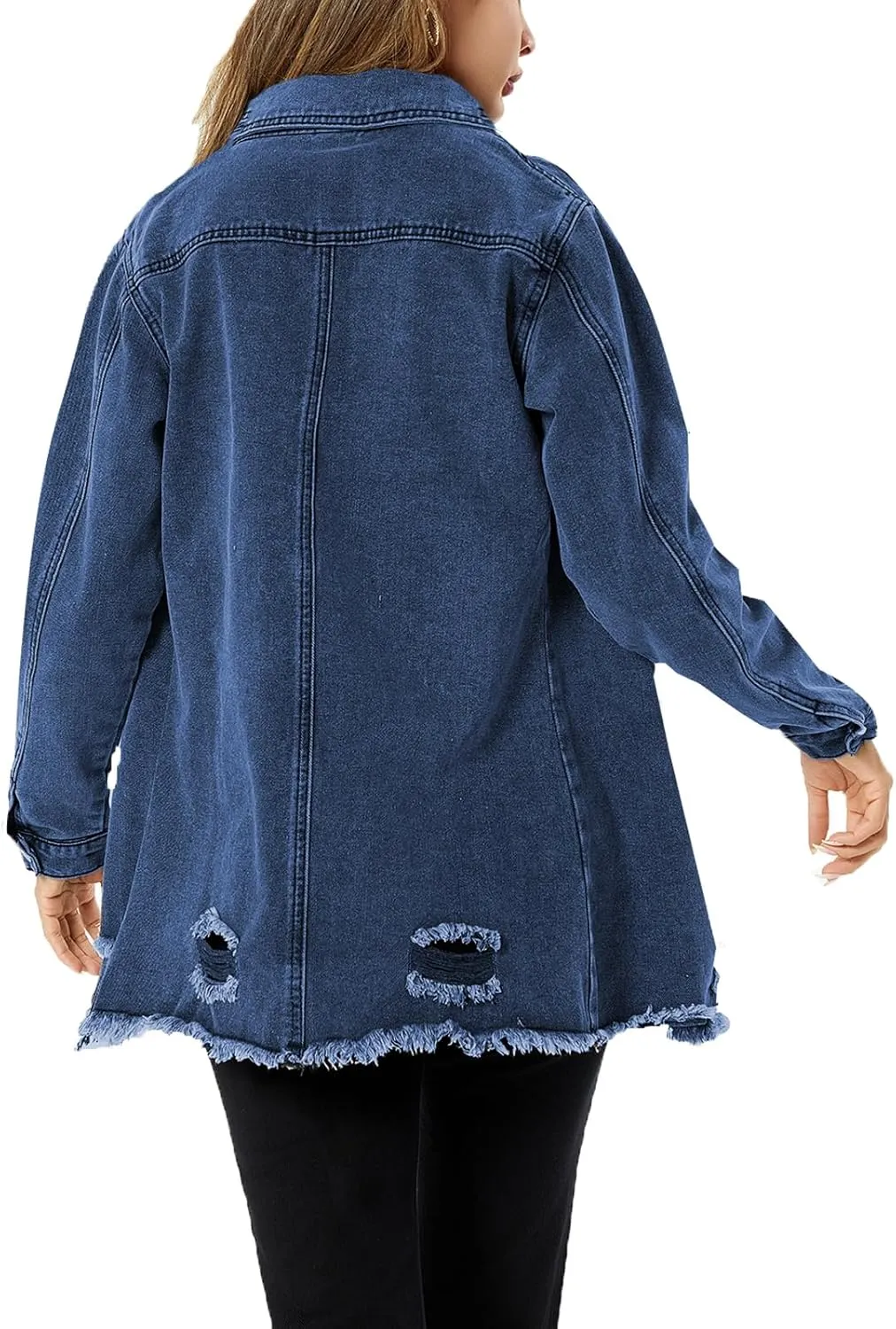 Denim Jackets for Women Casual Long Boyfriend Distresse Frayed Hem Shacket Jean Jacket Autumn Spring