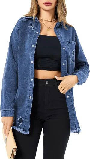 Denim Jackets for Women Casual Long Boyfriend Distresse Frayed Hem Shacket Jean Jacket Autumn Spring