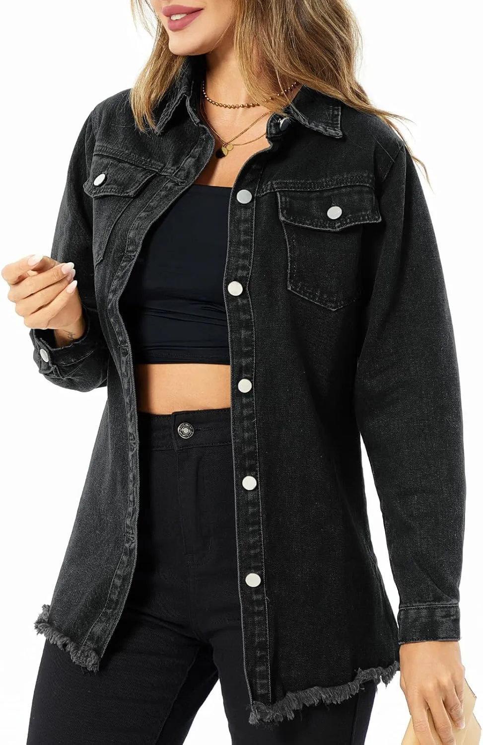 Denim Jackets for Women Casual Long Boyfriend Distresse Frayed Hem Shacket Jean Jacket Autumn Spring