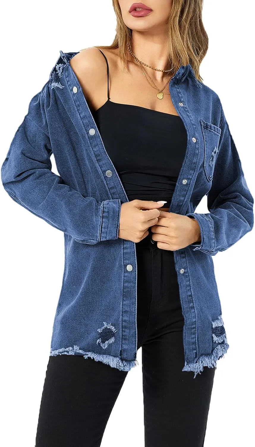 Denim Jackets for Women Casual Long Boyfriend Distresse Frayed Hem Shacket Jean Jacket Autumn Spring