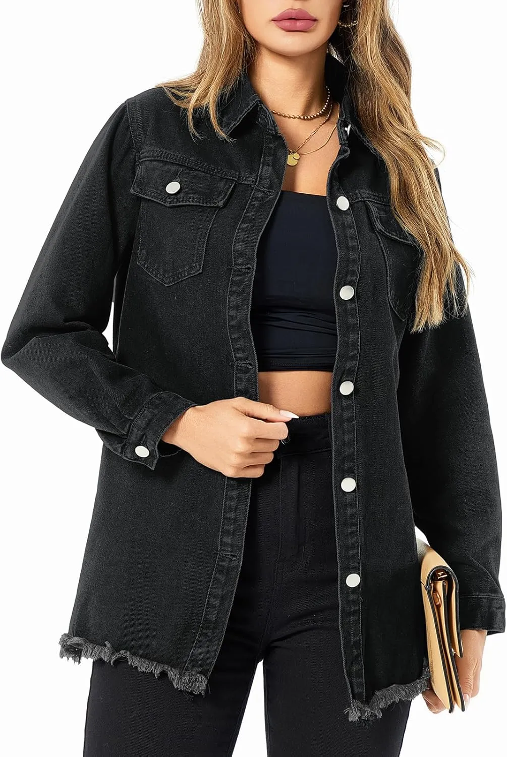 Denim Jackets for Women Casual Long Boyfriend Distresse Frayed Hem Shacket Jean Jacket Autumn Spring