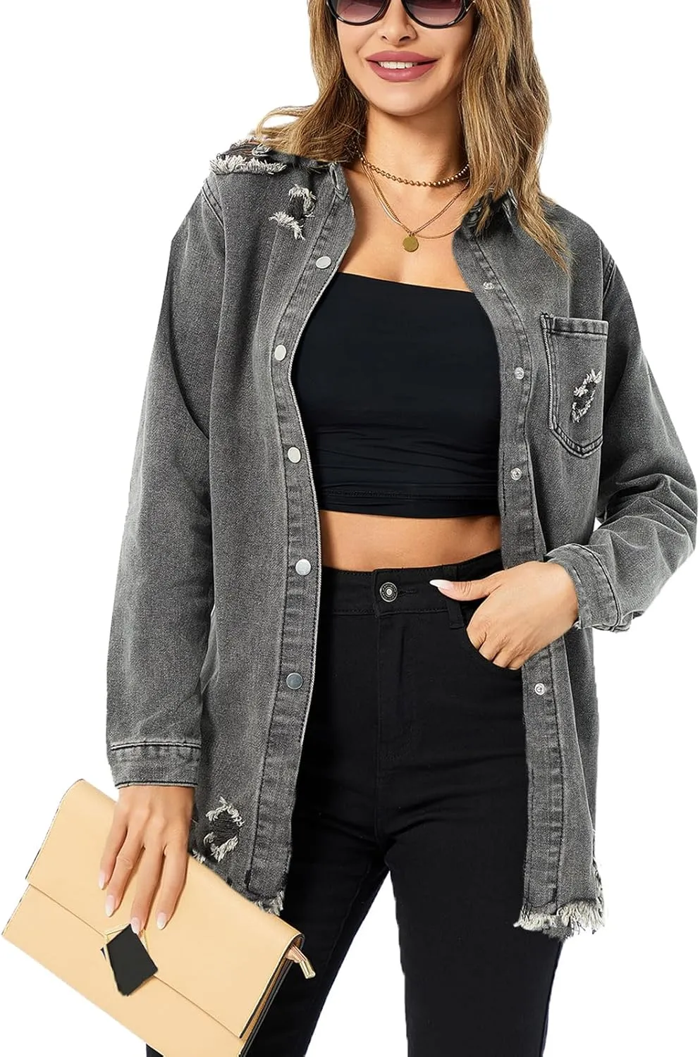 Denim Jackets for Women Casual Long Boyfriend Distresse Frayed Hem Shacket Jean Jacket Autumn Spring