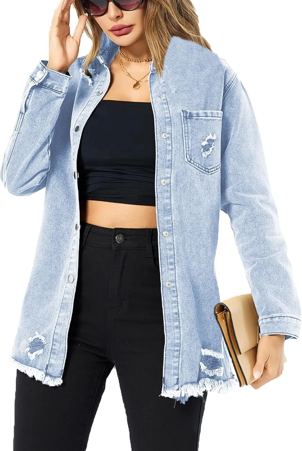 Denim Jackets for Women Casual Long Boyfriend Distresse Frayed Hem Shacket Jean Jacket Autumn Spring