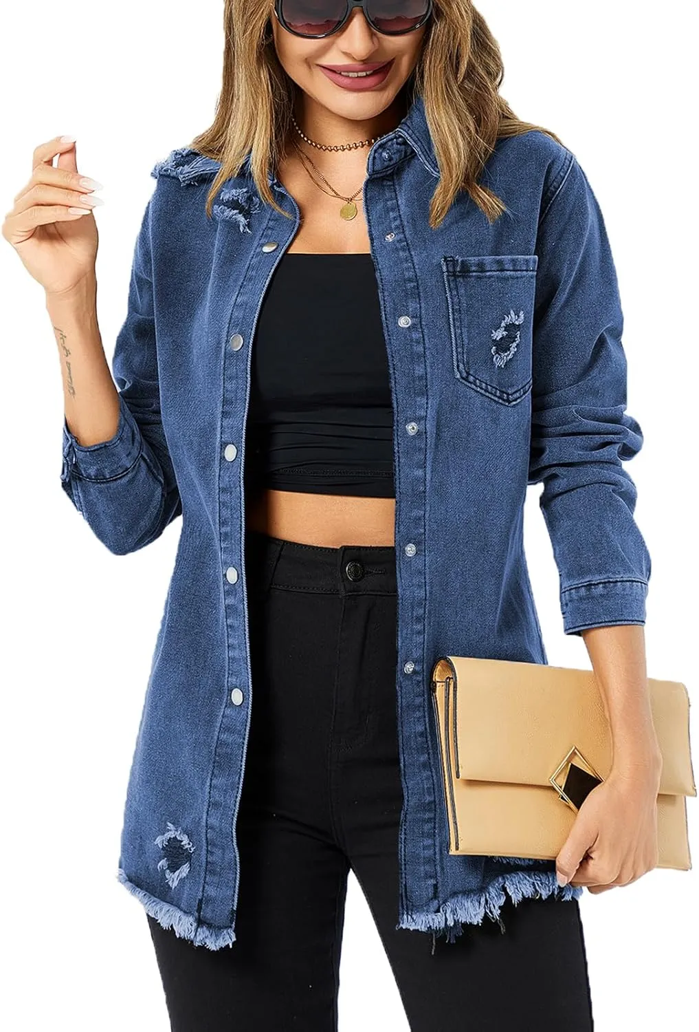 Denim Jackets for Women Casual Long Boyfriend Distresse Frayed Hem Shacket Jean Jacket Autumn Spring