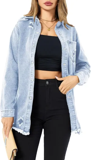 Denim Jackets for Women Casual Long Boyfriend Distresse Frayed Hem Shacket Jean Jacket Autumn Spring