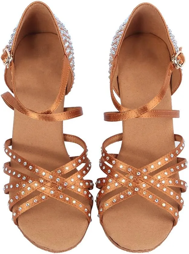 DKZSYIM Women Rhinestone Latin Ballroom Dance Shoes Bachata Salsa Practice Performance Dance Shoes,Model AFCT459