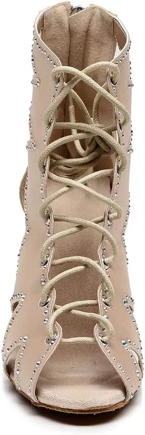 DKZSYIM Women's Open Toe Dance Boots Rhinestone Salsa Ballroom Lace-up Dance Shoes,Model QJW9001