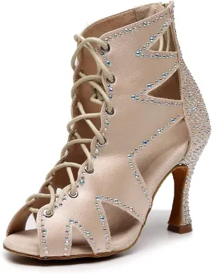 DKZSYIM Women's Open Toe Dance Boots Rhinestone Salsa Ballroom Lace-up Dance Shoes,Model QJW9001
