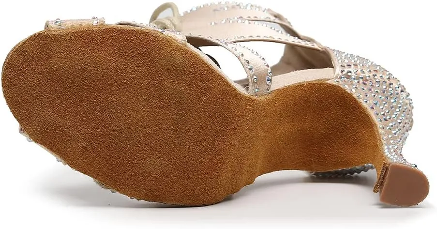 DKZSYIM Women's Open Toe Dance Boots Rhinestone Salsa Ballroom Lace-up Dance Shoes,Model QJW9001