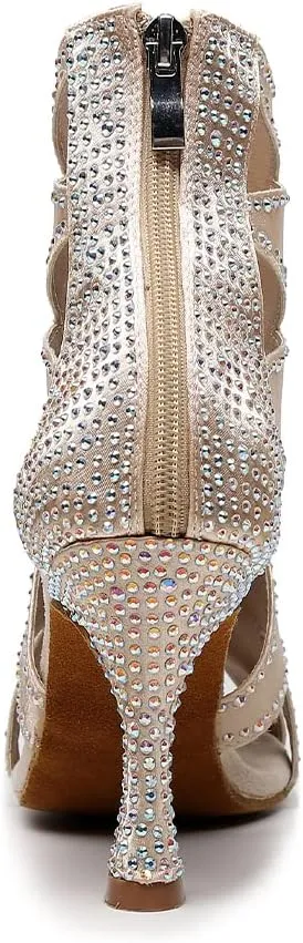 DKZSYIM Women's Open Toe Dance Boots Rhinestone Salsa Ballroom Lace-up Dance Shoes,Model QJW9001