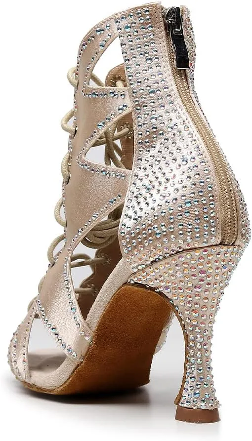 DKZSYIM Women's Open Toe Dance Boots Rhinestone Salsa Ballroom Lace-up Dance Shoes,Model QJW9001