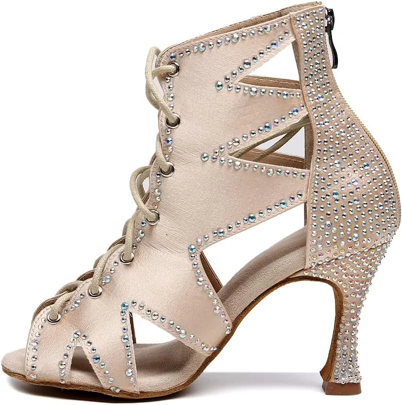DKZSYIM Women's Open Toe Dance Boots Rhinestone Salsa Ballroom Lace-up Dance Shoes,Model QJW9001