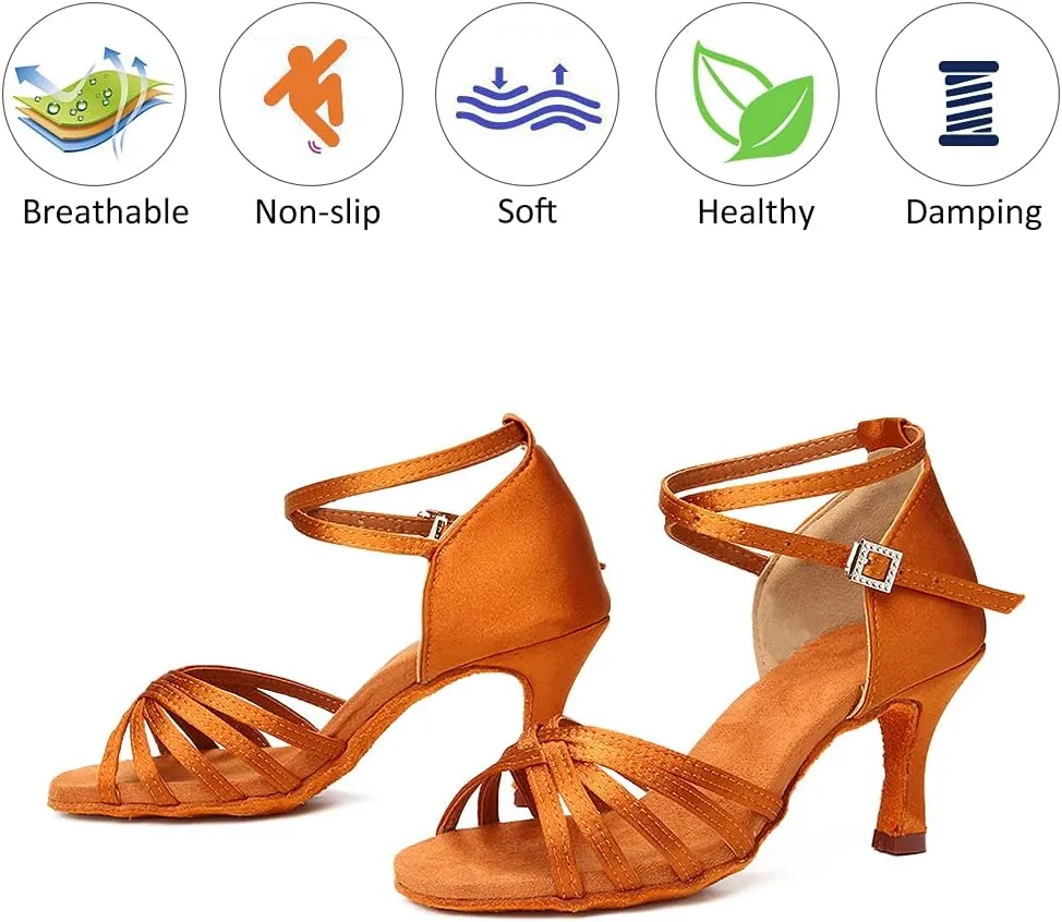 DKZSYIM Women's Satin Latin Dance Shoes Professional Ballroom Salsa Practice Performance Dancing Shoes,Model 213