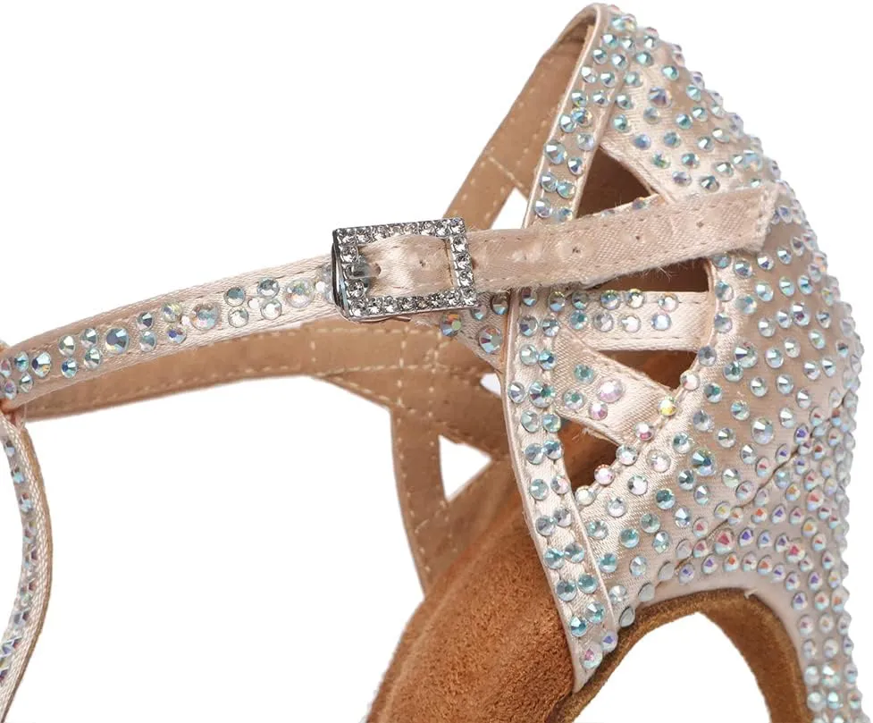 DKZSYIM Women's T-Strap Latin Dance Shoes Rhinestone Ballroom Salsa Performance Practice Dancing Shoes,Model YCL517
