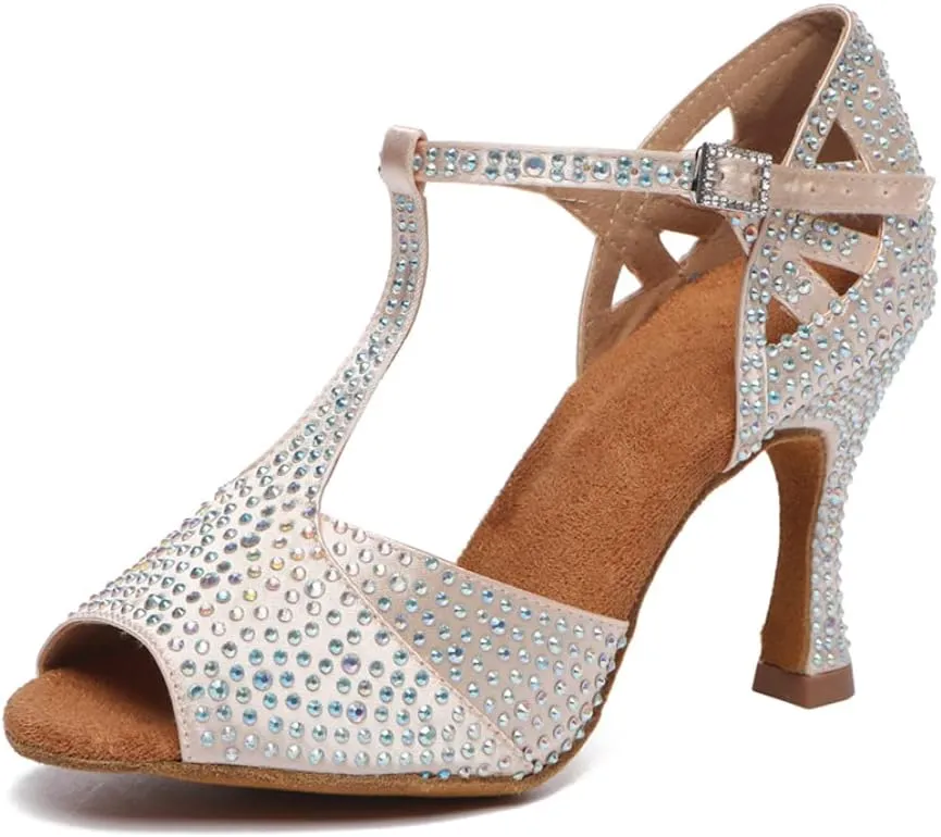 DKZSYIM Women's T-Strap Latin Dance Shoes Rhinestone Ballroom Salsa Performance Practice Dancing Shoes,Model YCL517