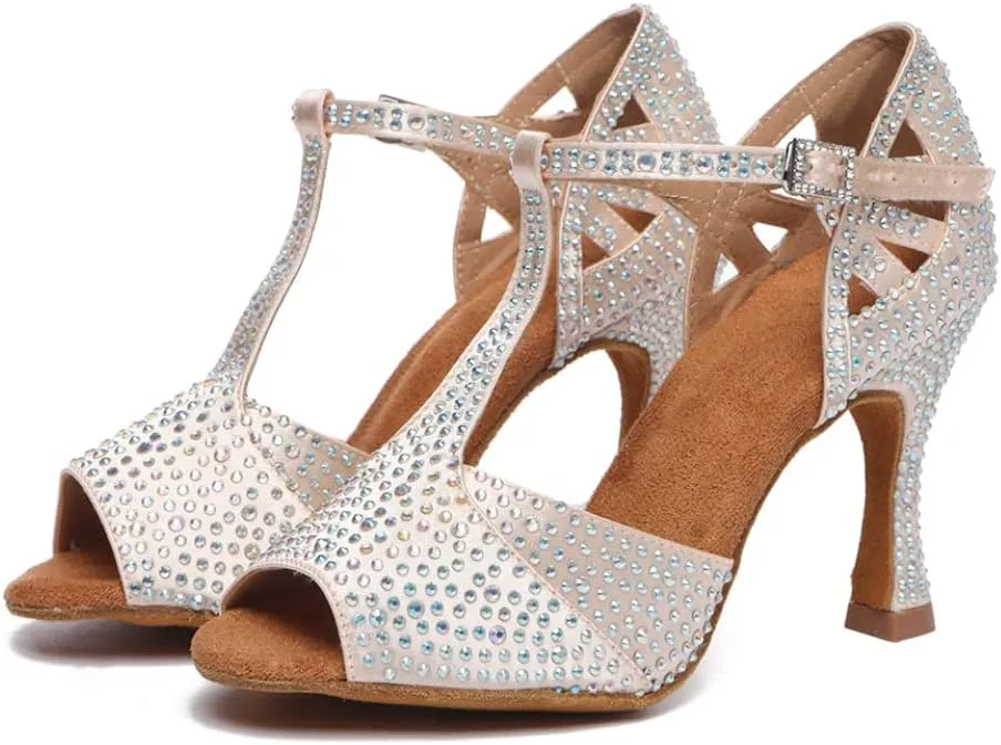 DKZSYIM Women's T-Strap Latin Dance Shoes Rhinestone Ballroom Salsa Performance Practice Dancing Shoes,Model YCL517