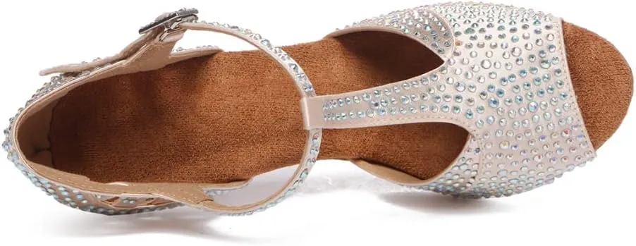 DKZSYIM Women's T-Strap Latin Dance Shoes Rhinestone Ballroom Salsa Performance Practice Dancing Shoes,Model YCL517