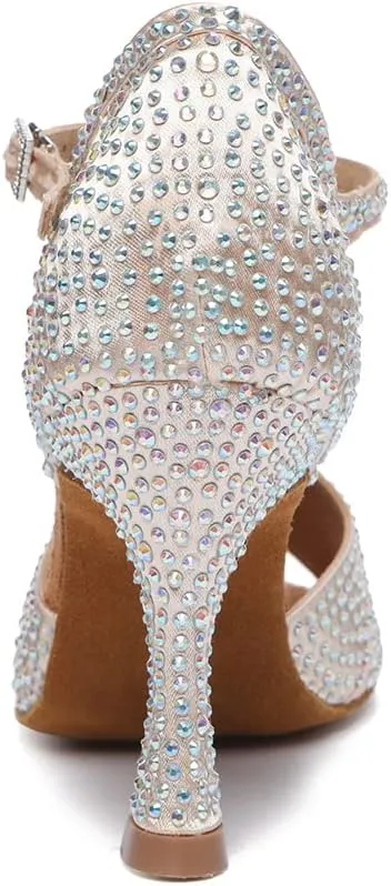DKZSYIM Women's T-Strap Latin Dance Shoes Rhinestone Ballroom Salsa Performance Practice Dancing Shoes,Model YCL517