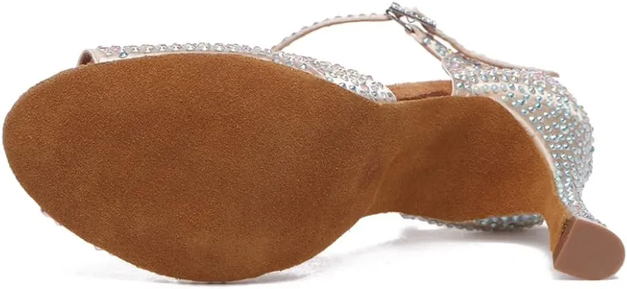 DKZSYIM Women's T-Strap Latin Dance Shoes Rhinestone Ballroom Salsa Performance Practice Dancing Shoes,Model YCL517