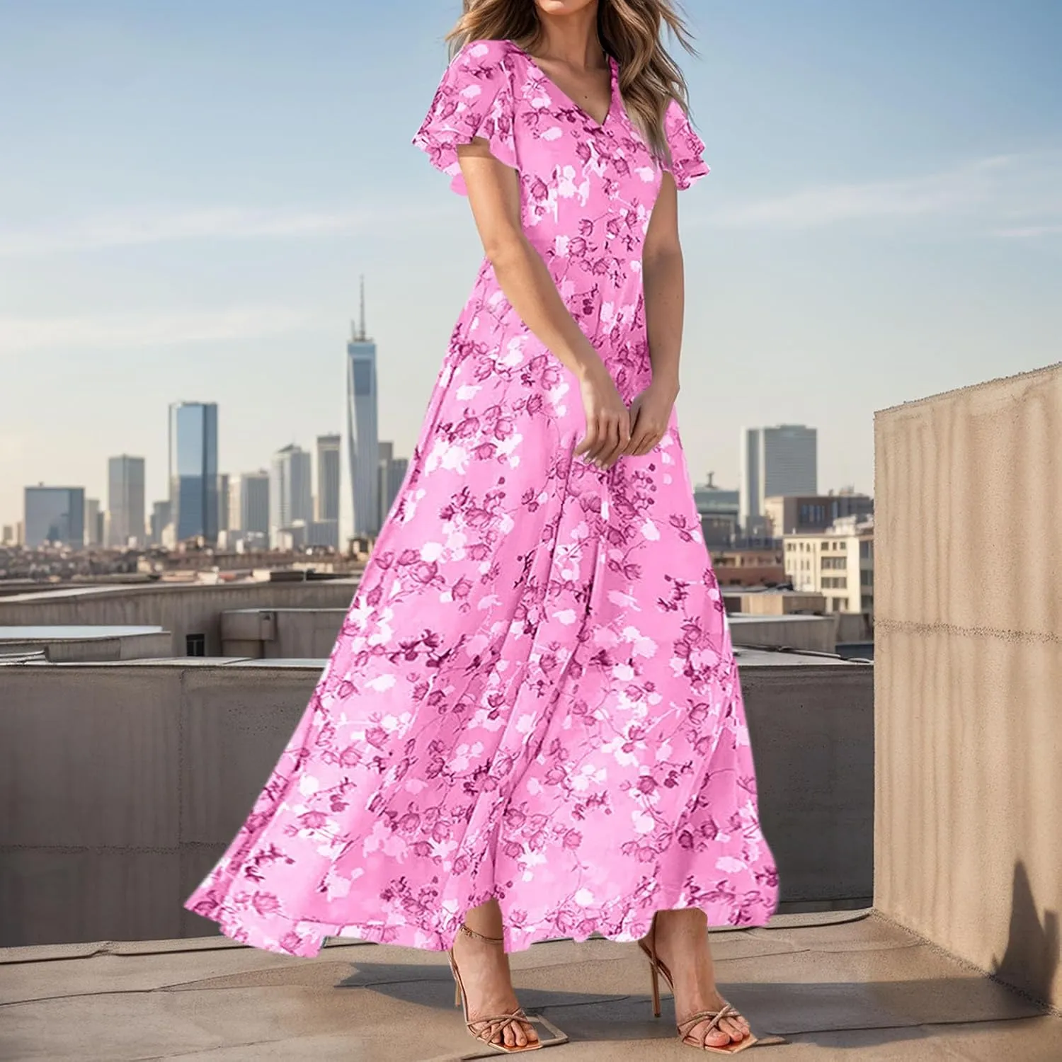 Easter Dresses for Women 2025 Swing Flowy Ruffle Hem Swing A-Line Womens Dresses Summer Spring Chiffon Dresses