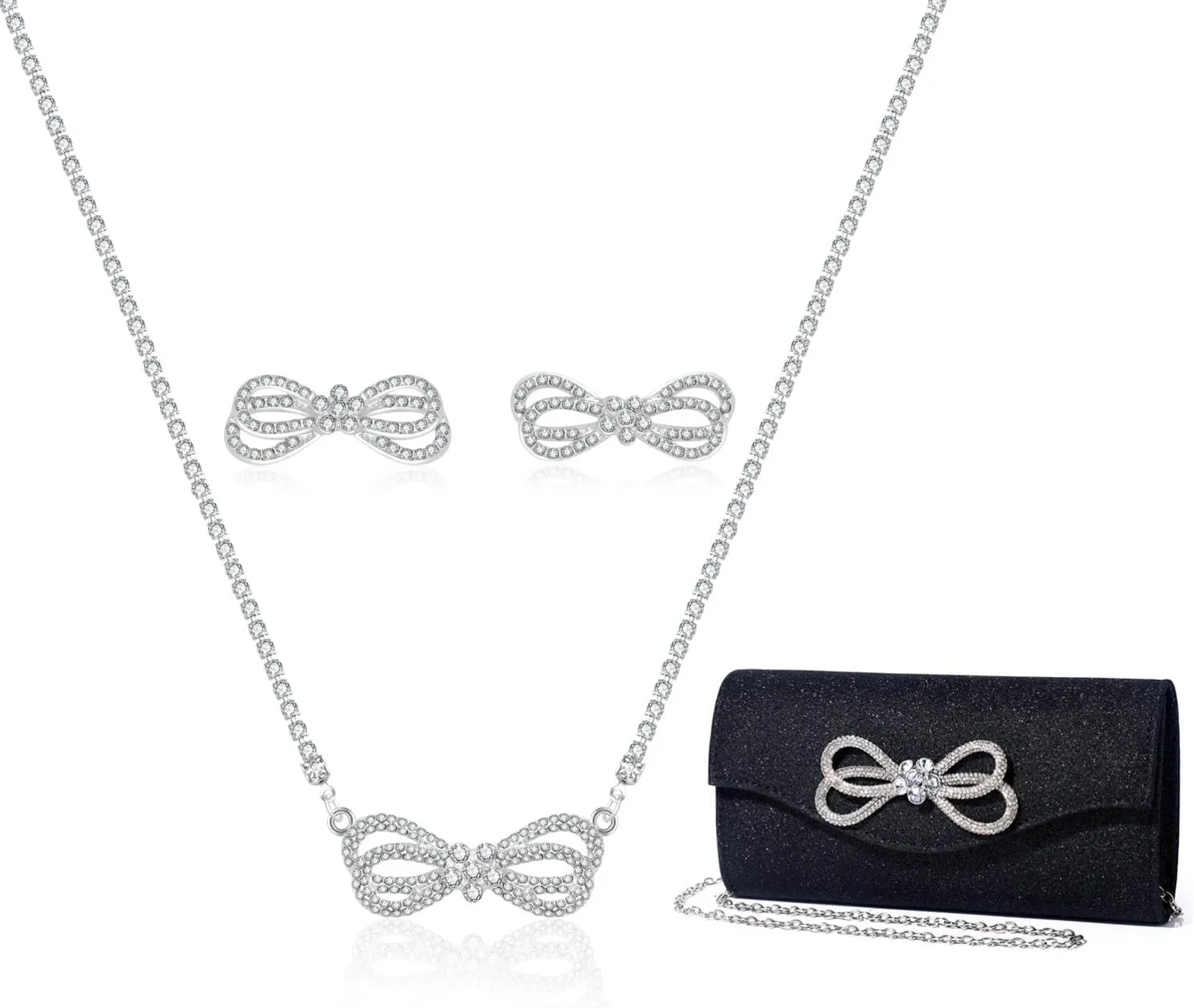 Elegant Rhinestone Bow Event Bundle: Shiny Crystal Bow Flap Clutch Evening Purse Silver Bow Choker Necklace & Earrings Set for Weddings Bridesmaids Parties Proms and Formal Events