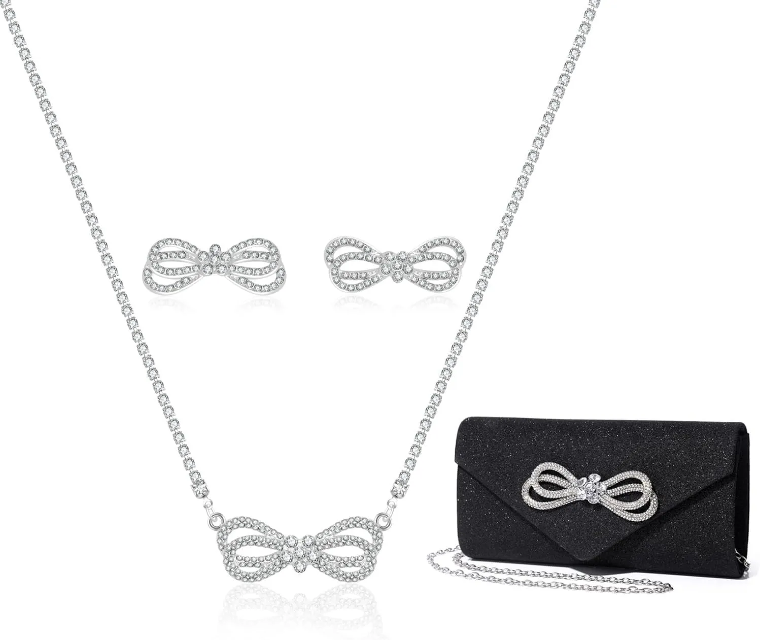 Elegant Rhinestone Bow Event Bundle: Shiny Crystal Bow Flap Clutch Evening Purse Silver Bow Choker Necklace & Earrings Set for Weddings Bridesmaids Parties Proms and Formal Events