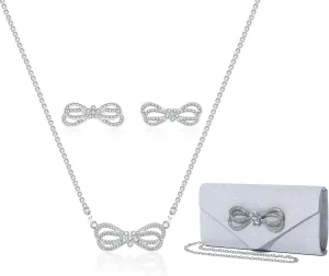 Elegant Rhinestone Bow Event Bundle: Shiny Crystal Bow Flap Clutch Evening Purse Silver Bow Choker Necklace & Earrings Set for Weddings Bridesmaids Parties Proms and Formal Events