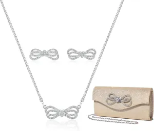Elegant Rhinestone Bow Event Bundle: Shiny Crystal Bow Flap Clutch Evening Purse Silver Bow Choker Necklace & Earrings Set for Weddings Bridesmaids Parties Proms and Formal Events