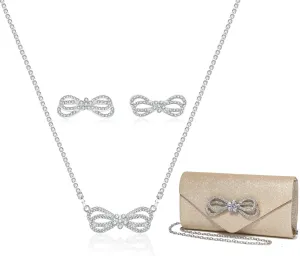 Elegant Rhinestone Bow Event Bundle: Shiny Crystal Bow Flap Clutch Evening Purse Silver Bow Choker Necklace & Earrings Set for Weddings Bridesmaids Parties Proms and Formal Events