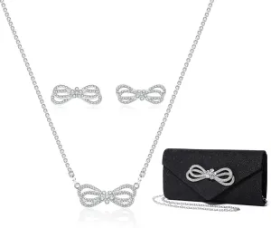 Elegant Rhinestone Bow Event Bundle: Shiny Crystal Bow Flap Clutch Evening Purse Silver Bow Choker Necklace & Earrings Set for Weddings Bridesmaids Parties Proms and Formal Events