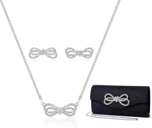 Elegant Rhinestone Bow Event Bundle: Shiny Crystal Bow Flap Clutch Evening Purse Silver Bow Choker Necklace & Earrings Set for Weddings Bridesmaids Parties Proms and Formal Events