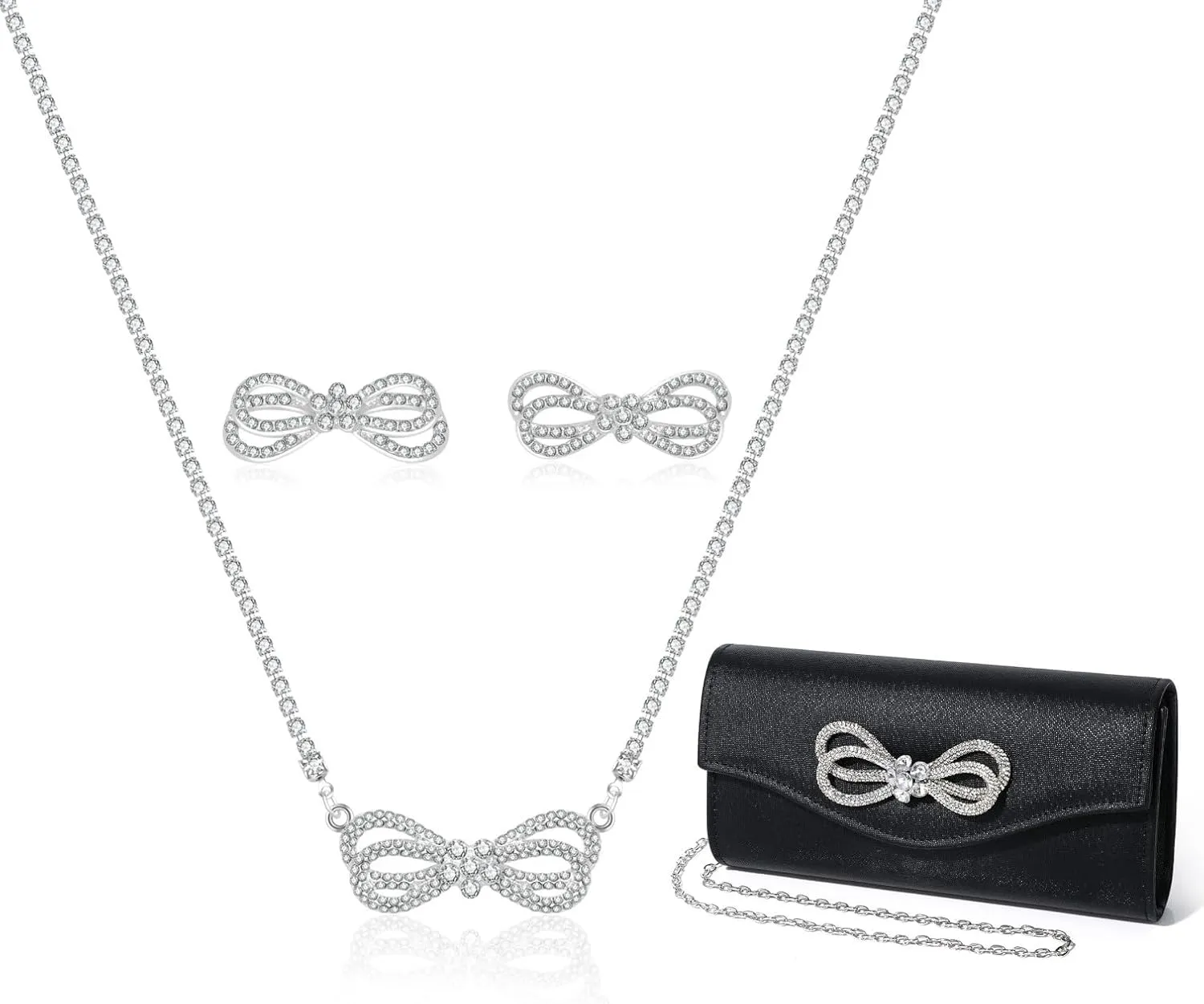 Elegant Rhinestone Bow Event Bundle: Shiny Crystal Bow Flap Clutch Evening Purse Silver Bow Choker Necklace & Earrings Set for Weddings Bridesmaids Parties Proms and Formal Events