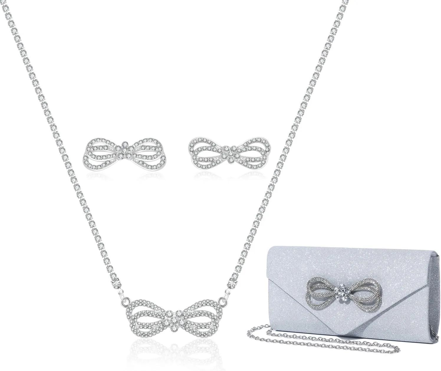 Elegant Rhinestone Bow Event Bundle: Shiny Crystal Bow Flap Clutch Evening Purse Silver Bow Choker Necklace & Earrings Set for Weddings Bridesmaids Parties Proms and Formal Events