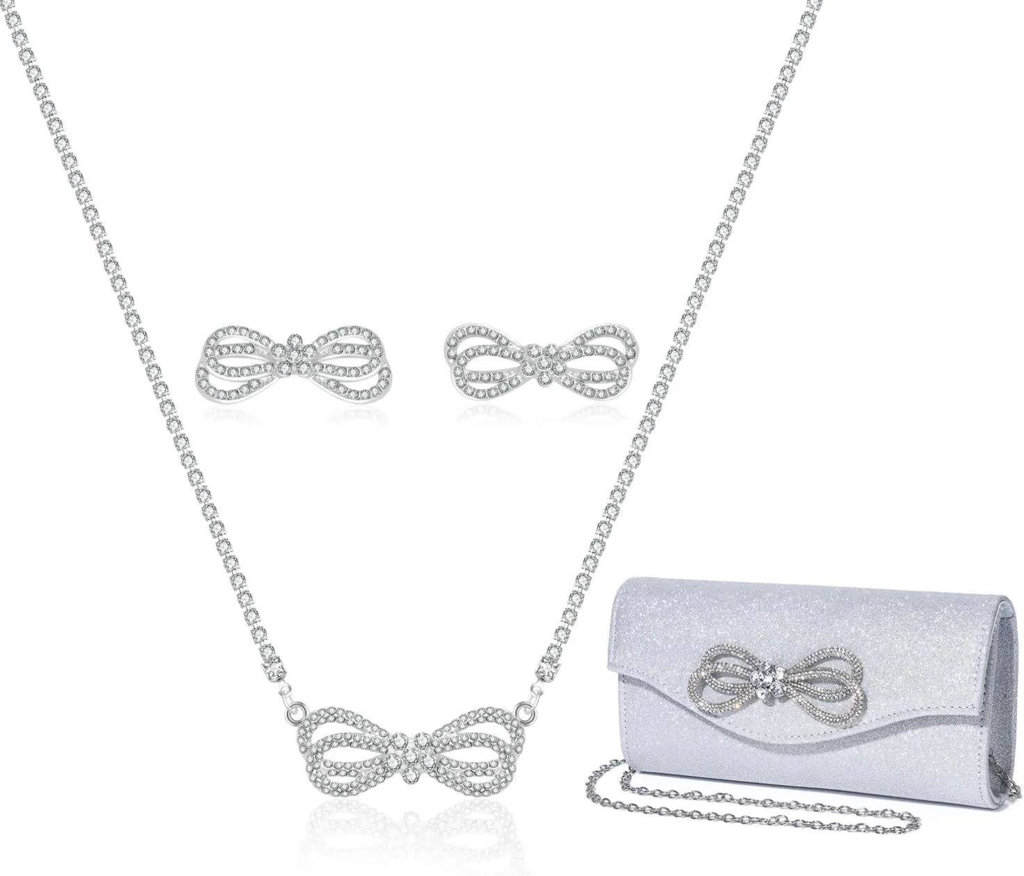 Elegant Rhinestone Bow Event Bundle: Shiny Crystal Bow Flap Clutch Evening Purse Silver Bow Choker Necklace & Earrings Set for Weddings Bridesmaids Parties Proms and Formal Events