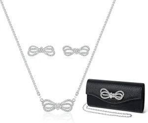 Elegant Rhinestone Bow Event Bundle: Shiny Crystal Bow Flap Clutch Evening Purse Silver Bow Choker Necklace & Earrings Set for Weddings Bridesmaids Parties Proms and Formal Events