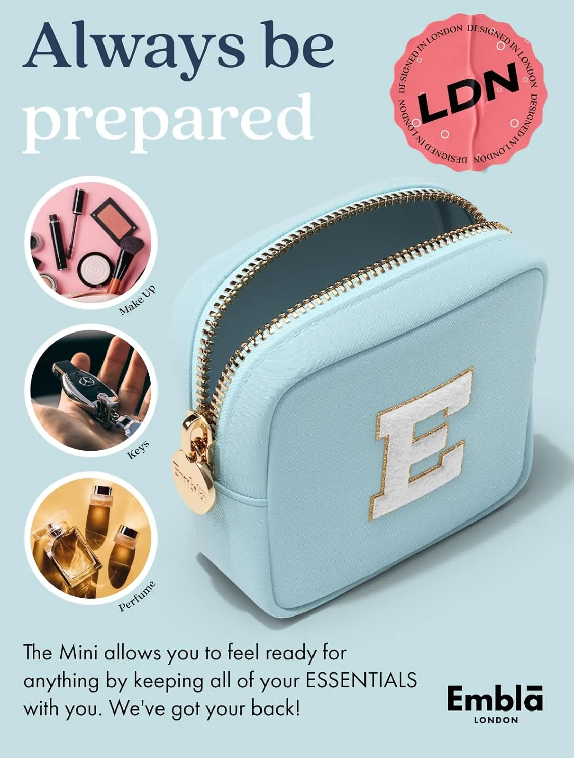 Embla Preppy Makeup Bag Travel Cosmetic Pouch, Cute Make up Case with Personalized Initial, Girls Zipper Pouch Purse Cosmetics Organizer Tote, Waterproof Travel Skincare Makeup Bag, Sky (Letter A)