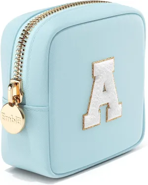 Embla Preppy Makeup Bag Travel Cosmetic Pouch, Cute Make up Case with Personalized Initial, Girls Zipper Pouch Purse Cosmetics Organizer Tote, Waterproof Travel Skincare Makeup Bag, Sky (Letter A)
